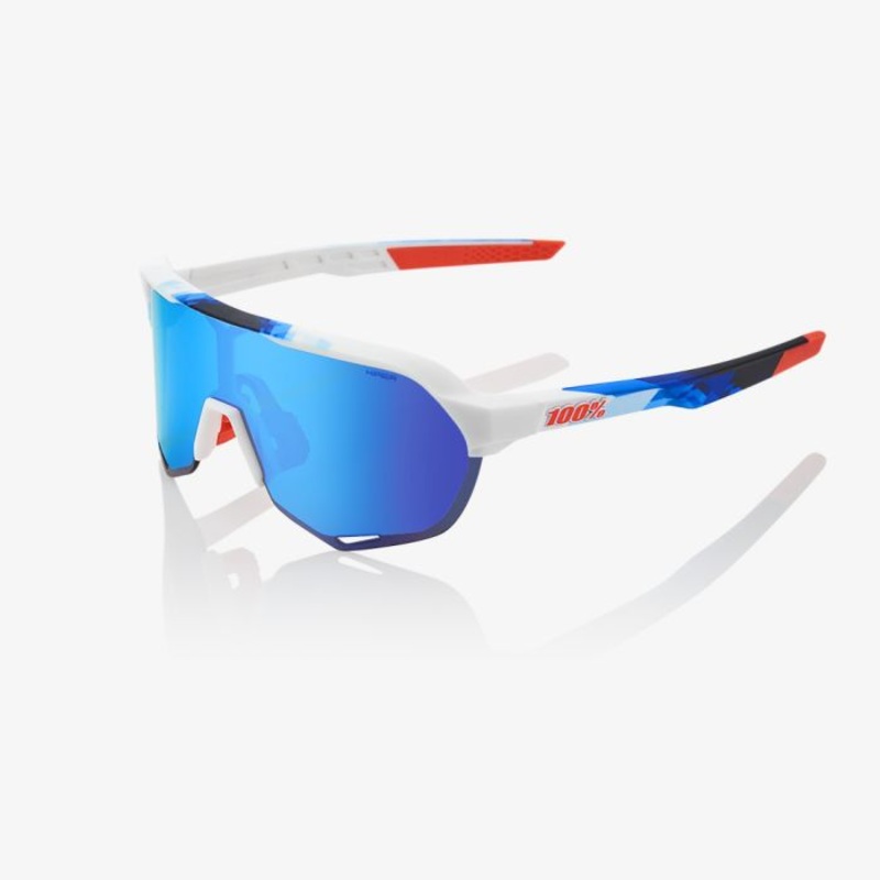 100% S2 Sunglasses HiPER Blue Multilayer Mirror Lens/Matte White/Geo Print